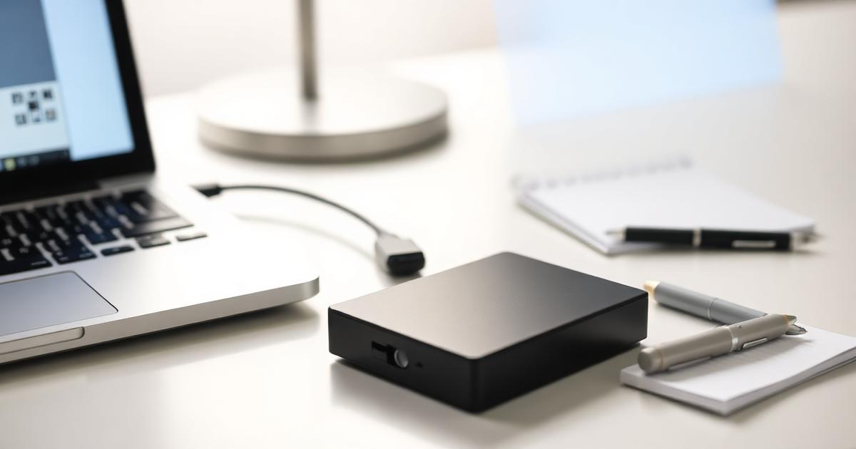 Disco externo de backup conectado a um notebook sobre mesa clara