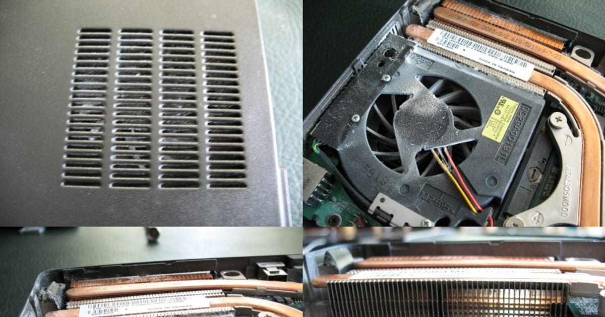 Dissipador de notebook com as aletas obstruídas por uma manta compacta de poeira