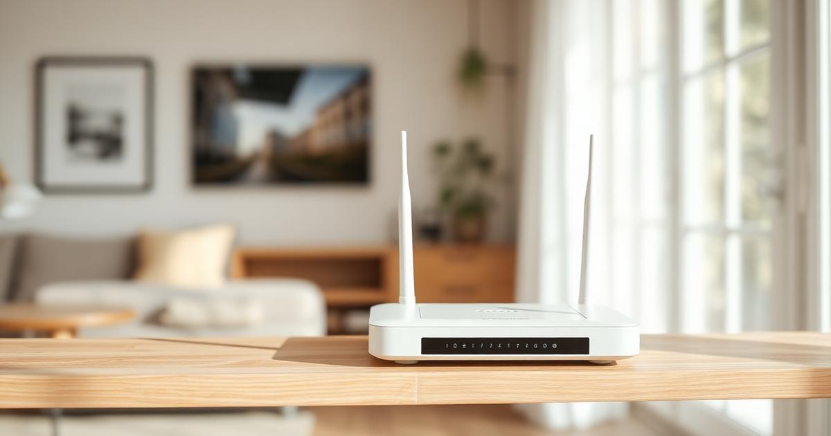Roteador Wi-Fi branco posicionado em prateleira alta de uma sala iluminada