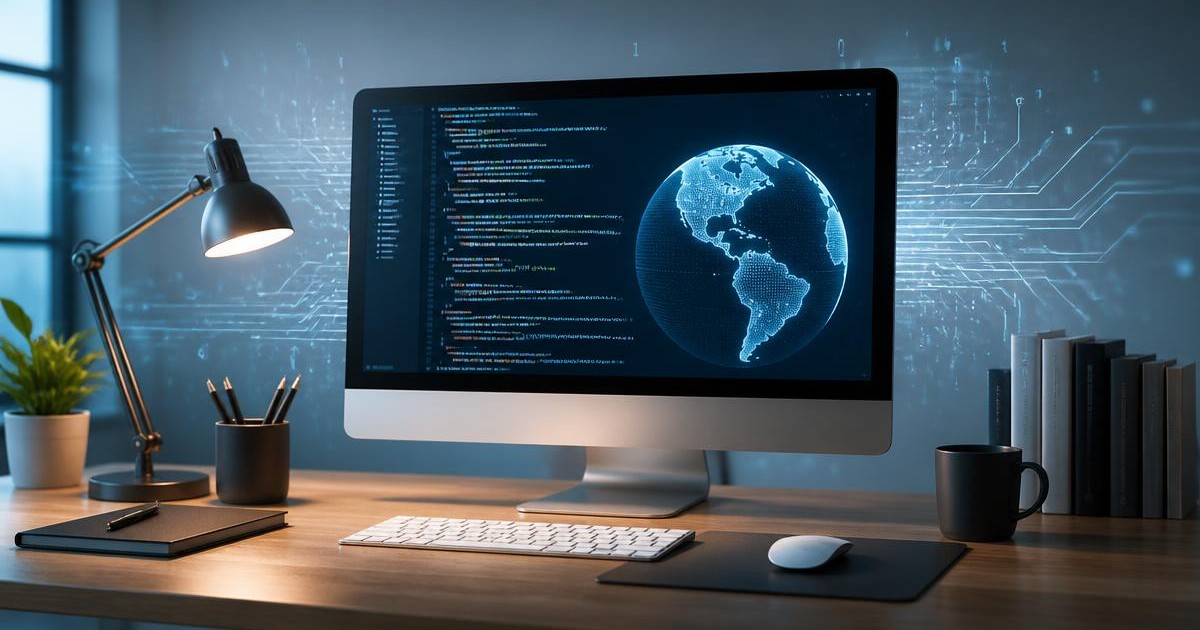Fileira de computadores de mesa em um laboratório de informática escolar