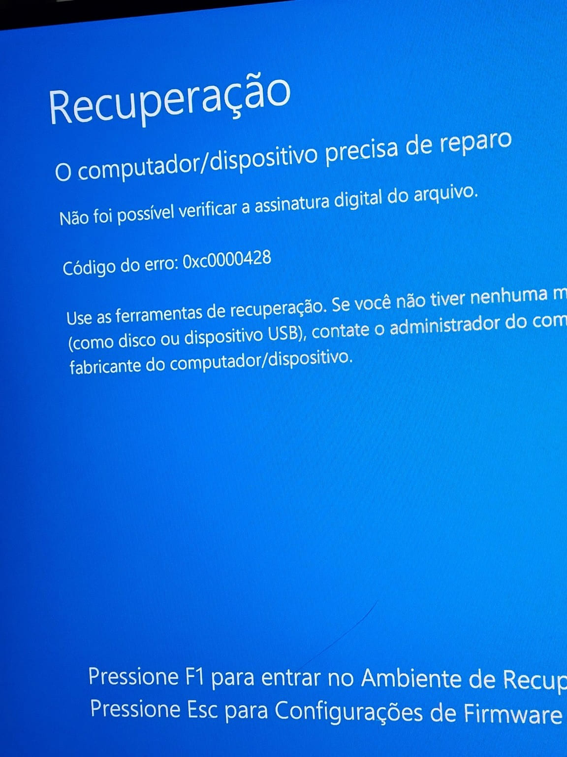 Tela de Recuperação do Windows informando falha de assinatura digital e código 0xc0000428